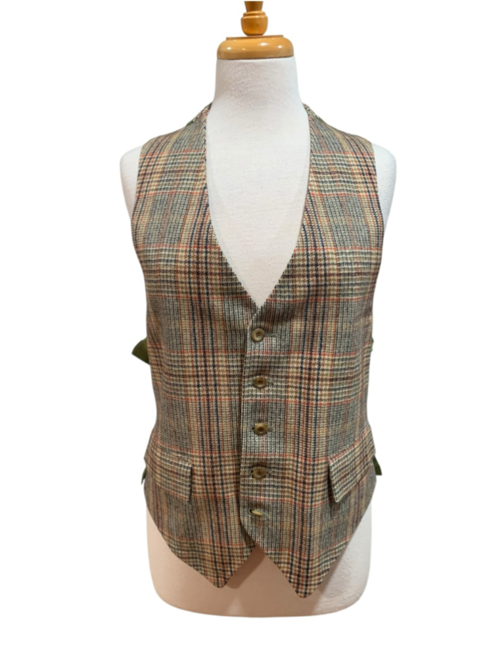 Vtg 70’s Men's Unbranded Plaid Vest, Beige and Green
